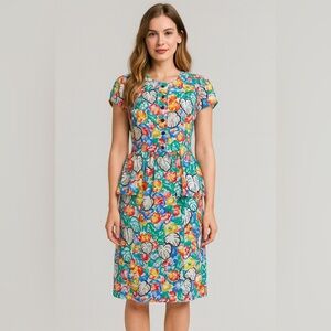 Vintage ALBERT NIPON Silk Peplum Dress Women’s Size 12 Floral Cap Sleeve Multi